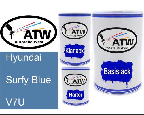 Hyundai, Surfy Blue, V7U: 500ml Lackdose + 500ml Klarlack + 250ml Härter - Set, von ATW Autoteile West.